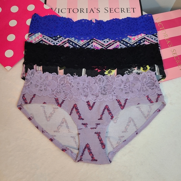 Victoria's Secret 3pk Lace Trim Cotton Low Rise Hiphugger Panties Size M - Picture 1 of 7